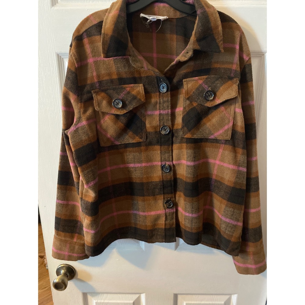 BB Dakota Steve Madden Brown Pink Plaid Fleece Shirt Jacket Shacket Womens XL